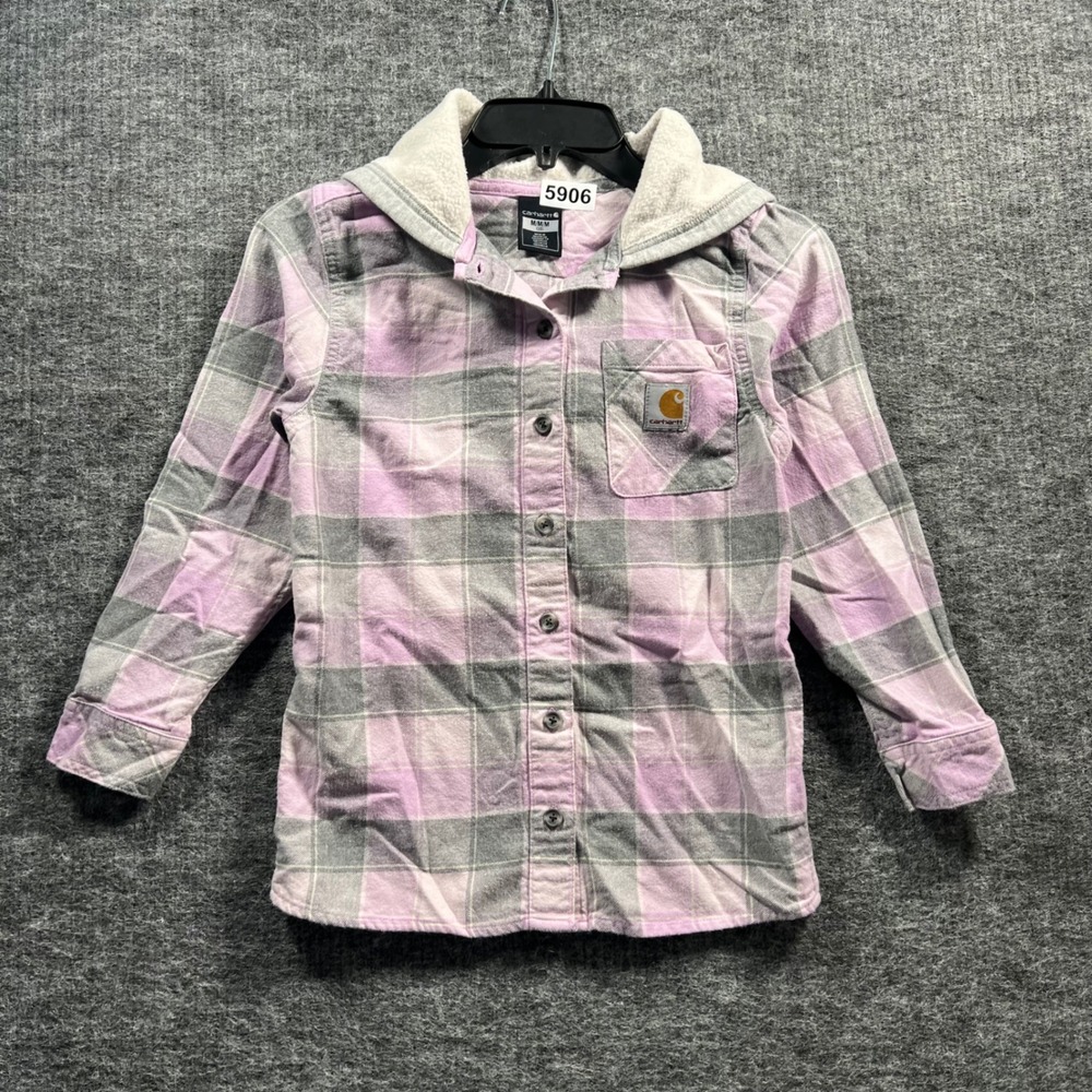 Carhartt Girls Plaid Hooded Flannel Shirt Purple Grey Size Medium 10